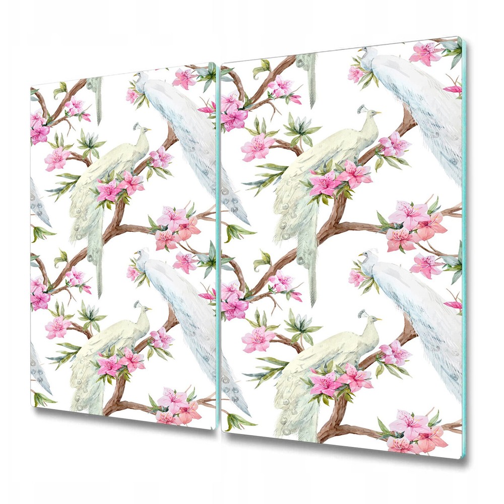 Tempered Glass Bread Board Worktop Saver Watercolour peacock white 2x30x52