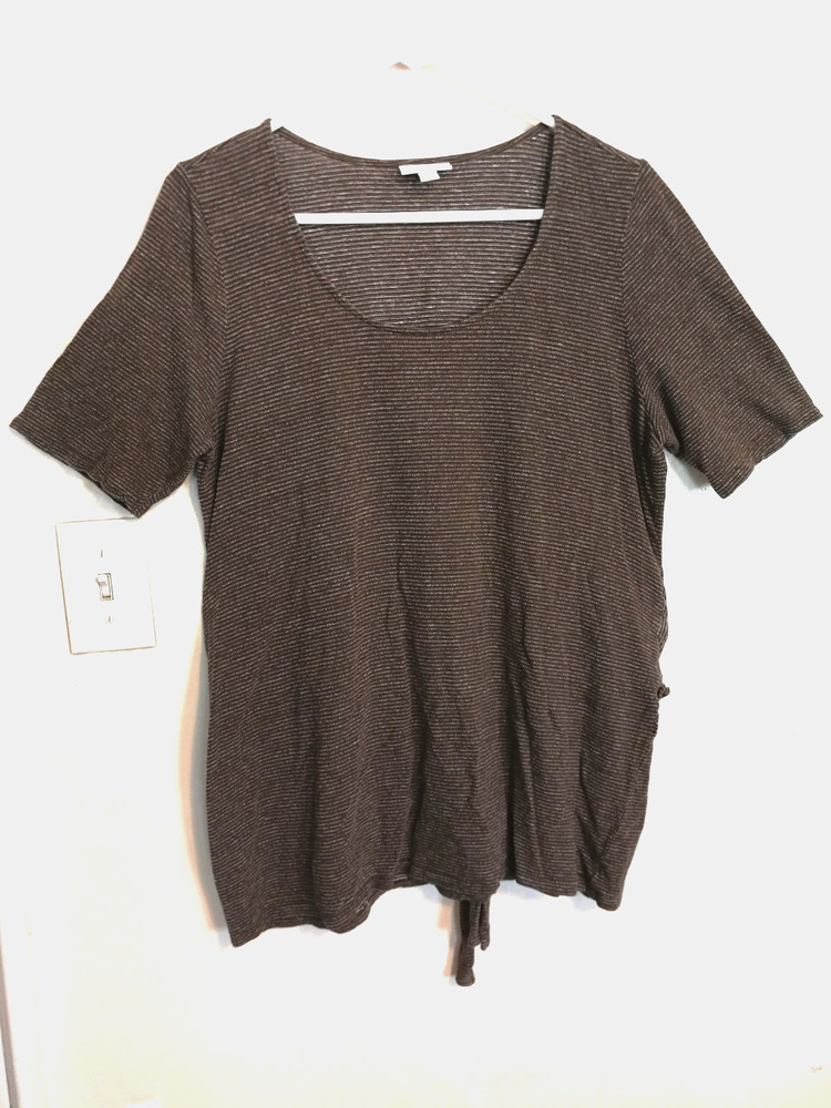 Pure J Jill Womens Blouse L Linen Blend Gray Tie Back Striped Shirt Short Sleeve