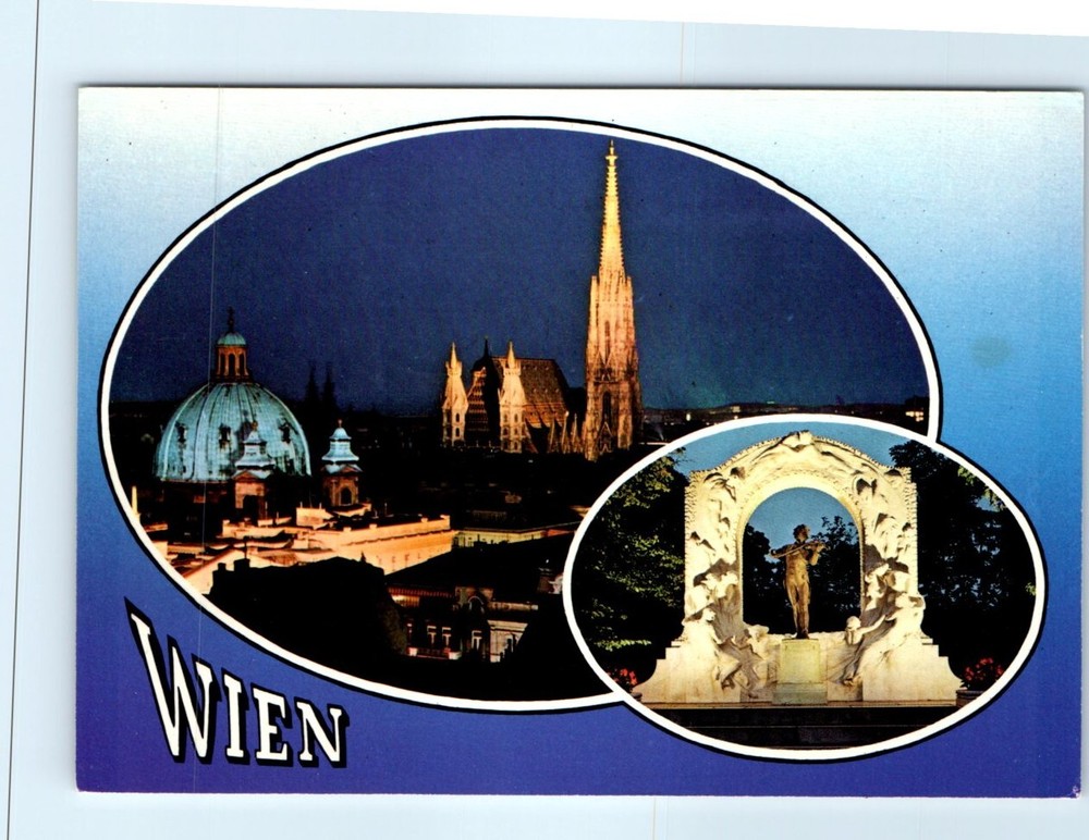 Postcard - Johann Strauss Monument by night - Vienna, Austria