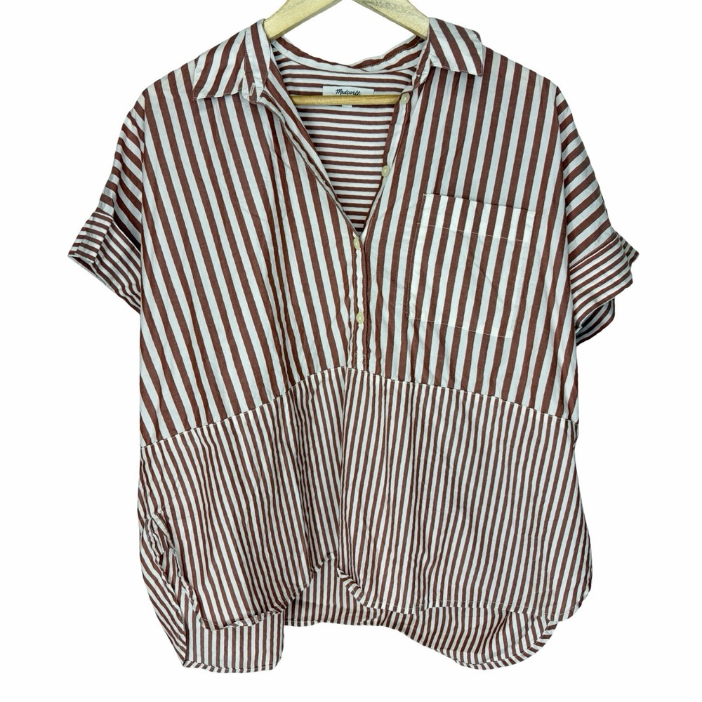 MADEWELL Popover Oversized Striped Blouse Top Short Dolman Sleeves Hi-Low Hem S