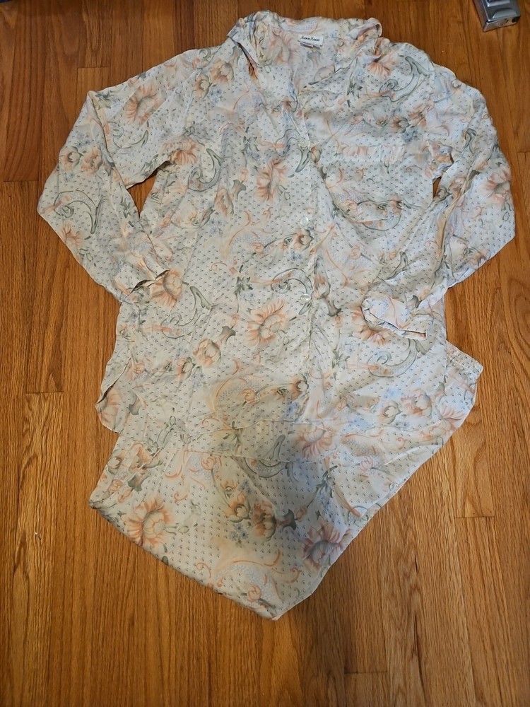 Vtg Neiman Marcus Women Ivory Floral Elastic Waist Pants 2pc Pajama Suit M