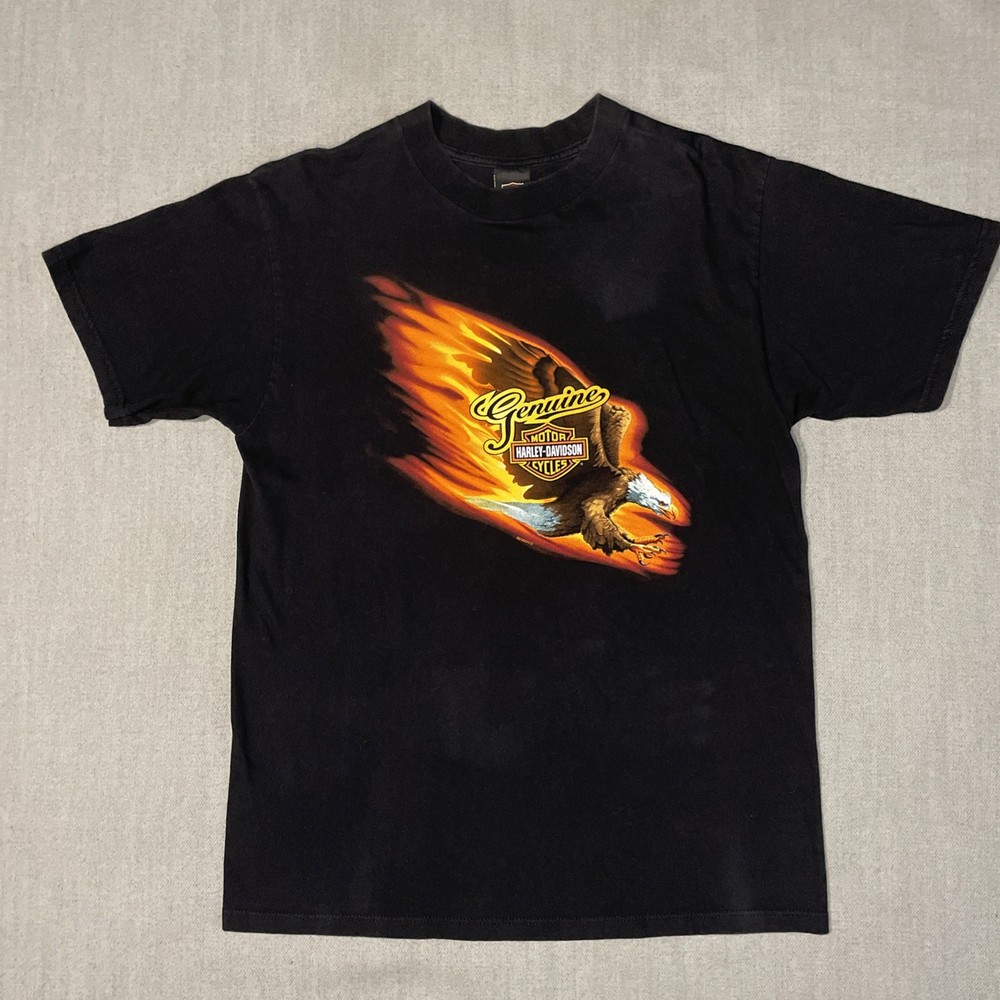 VTG Harley Davidson 2000 Eagle Flames Black Short Sleeve Size L VGC Made In USA