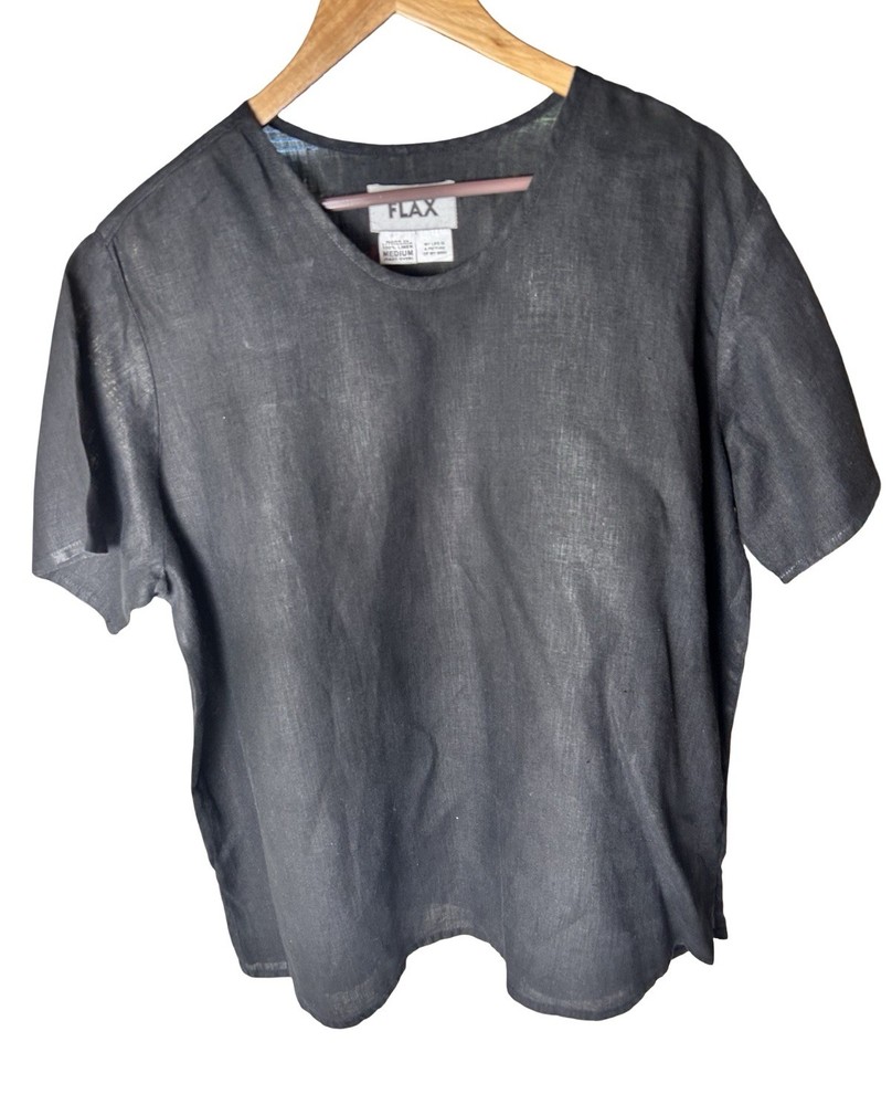 FLAX Jeanne Engelhart Blouse Size Medium Black Short Sleeve Round Neck Lagenlook