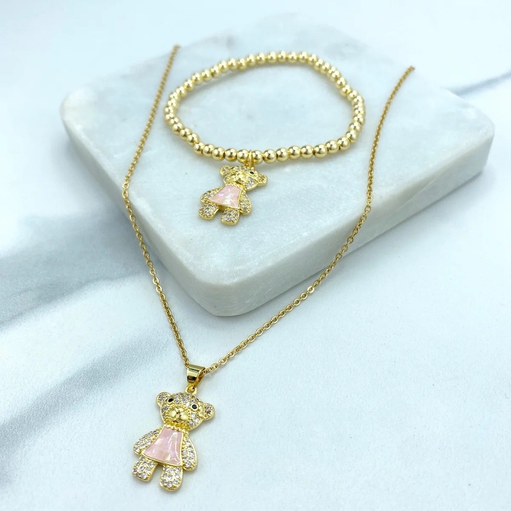 Cute Teddy Bear Charm Necklace or Bracelet with CZ Stones