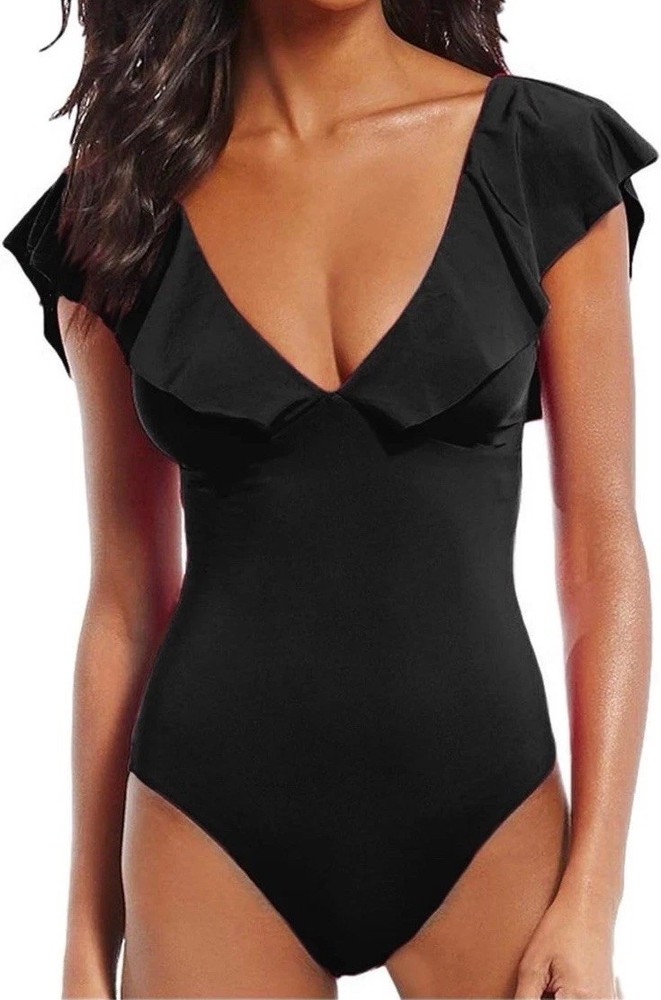 Women Ruffle One Piece Swimsuit Flounce Sleeve Swimwear V Neck Tummy Control L