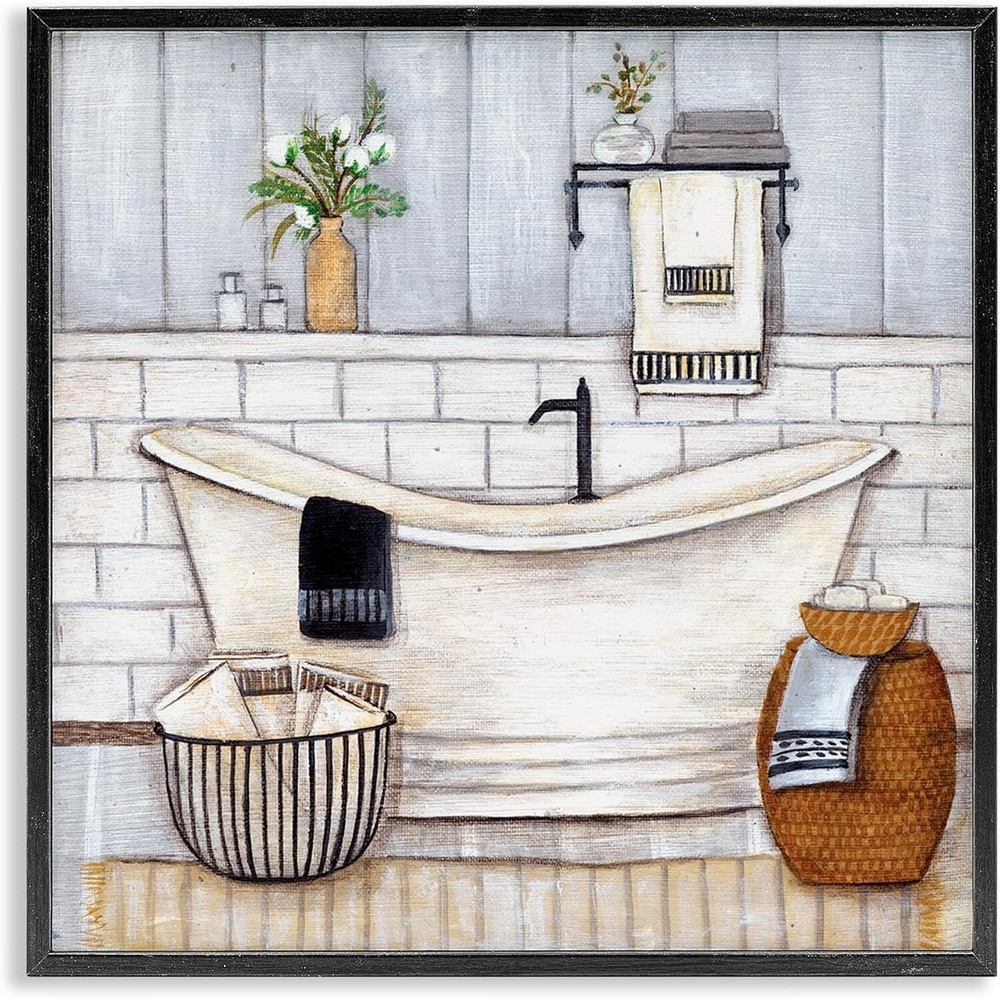 Chic Bathroom Farmhouse Wall Art - 17x17 Textured Giclee in Black Frame