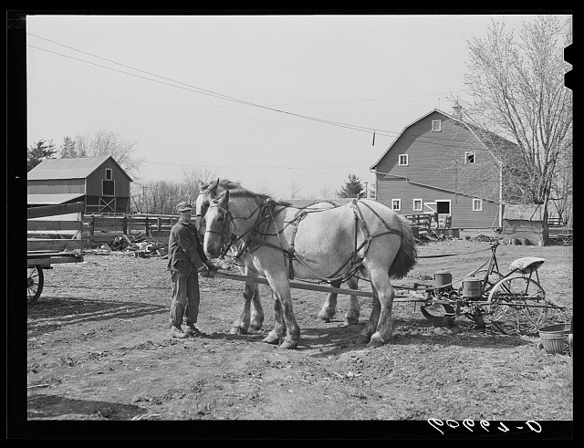 Photo:Grundy County Iowa 1940 Two Horse Corn Planter Farming Farmyard