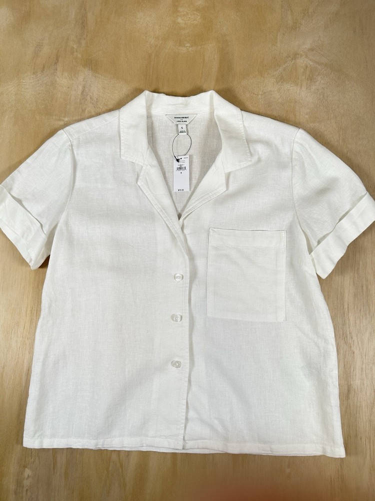 NWT MSRP $70 Banana Republic Linen Blend White Short Sleeve Top Size Small