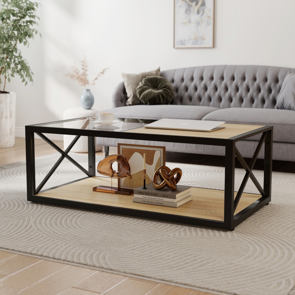Coffee Table Glass and MDF tabletop With metal frame Features storage space