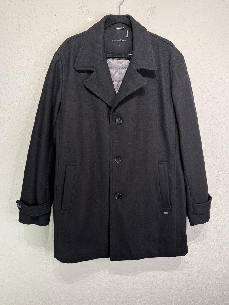 Calvin Klein Coat Mens Large Gray Wool Blend Overcoat Quilted Lined Button Front