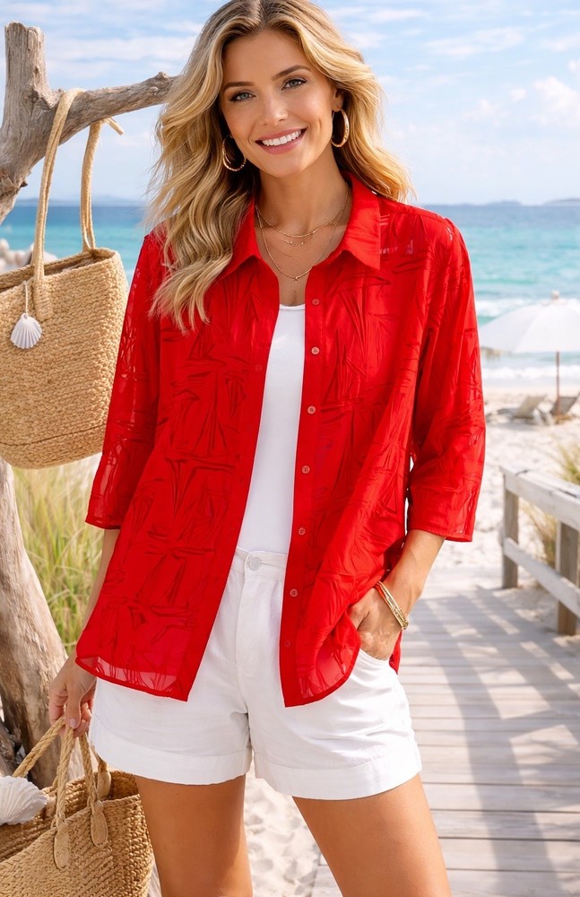 Alfred Dunner Size 12 Petite Red Sailboat Sheer Blouse Button-Up Mid Sleeve EUC!
