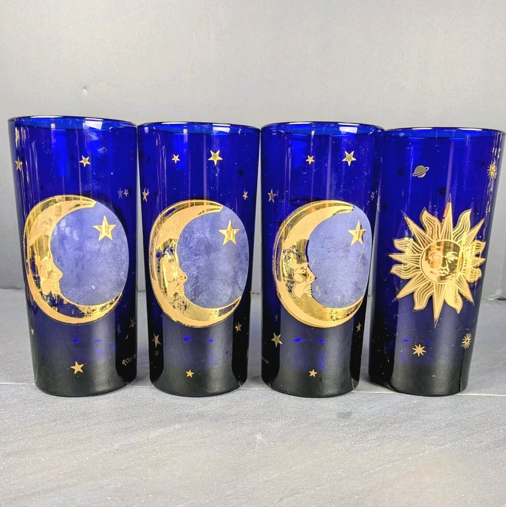Culver Celestial Sun Moon Stars Glasses Vintage Cobalt Blue 22k Gold Rimmed USA