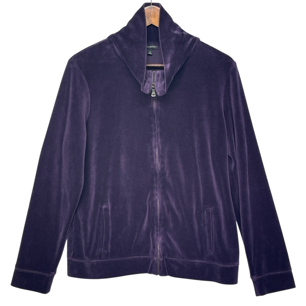 Talbots Purple Velvet Full Zip Jacket Shawl Collar Pockets Women's Medium