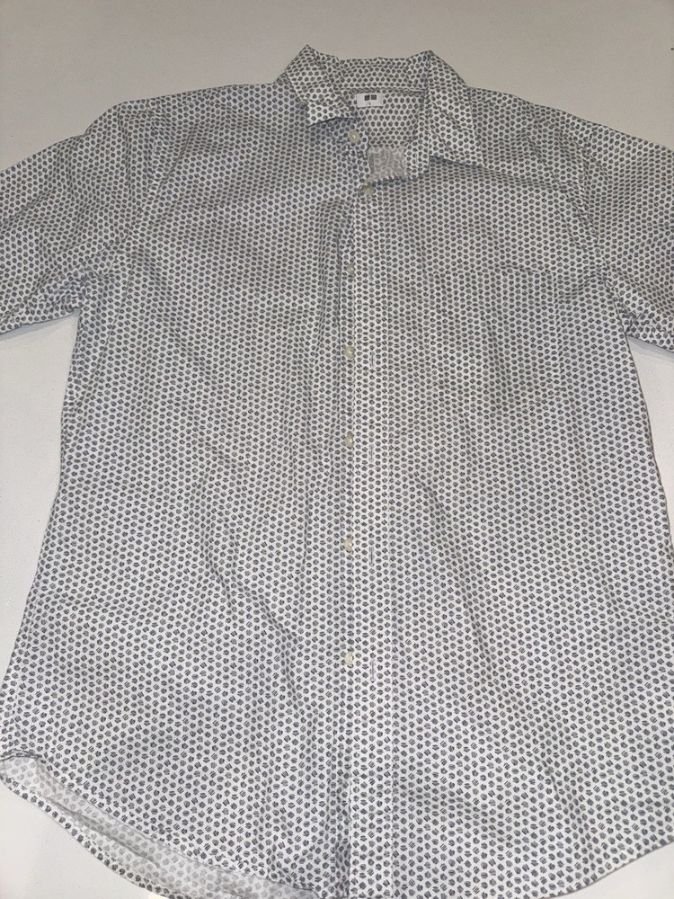 UNIQLO geometric white black button up long sleeve collared men's shirt size L
