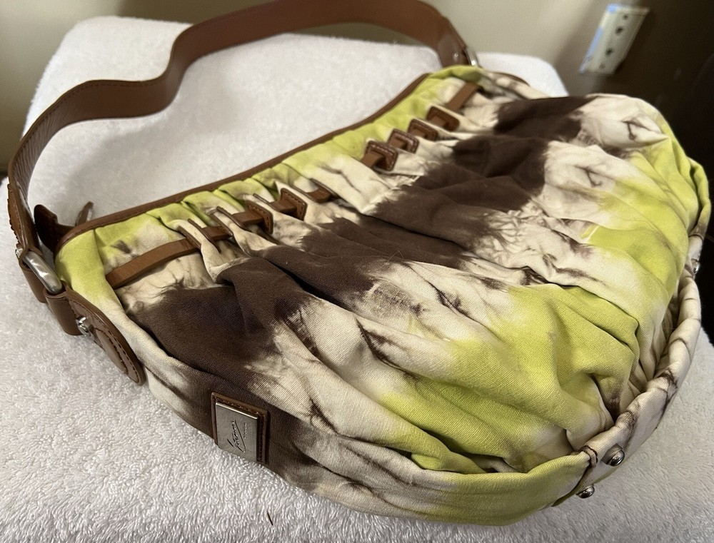 Etienne Aigner Tie Dye Studded Tote in Brown Off White & Lime