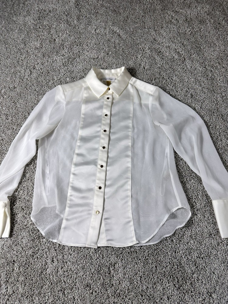 Calvin Klein Sheer Blouse Size PXS Ivory Gold Buttons Collared