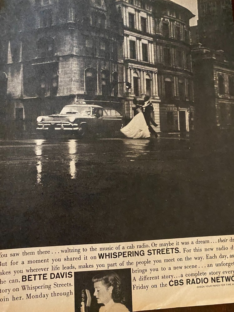 Whispering Streets, Bette Davis, Old Time Radio, OTR, anuncio promocional vintage