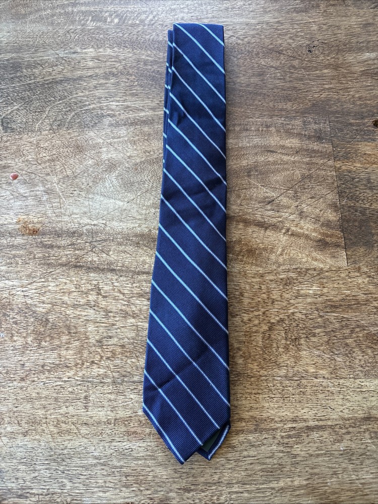 Lauren Ralph Lauren Necktie Silk Thin Blue/White Pinstripe Pattern Hand Finished
