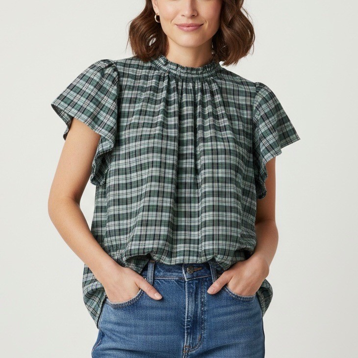 Trovata Birds of Paradis Carla Plaid High Neck Flutter Sleeve Top Size Medium