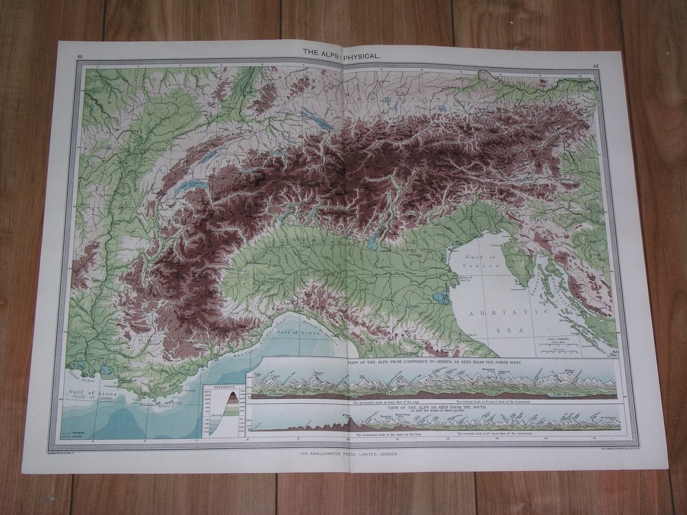 1908 Antique Physical Map / Views Of The Alps Mountains Switzerland Italy France