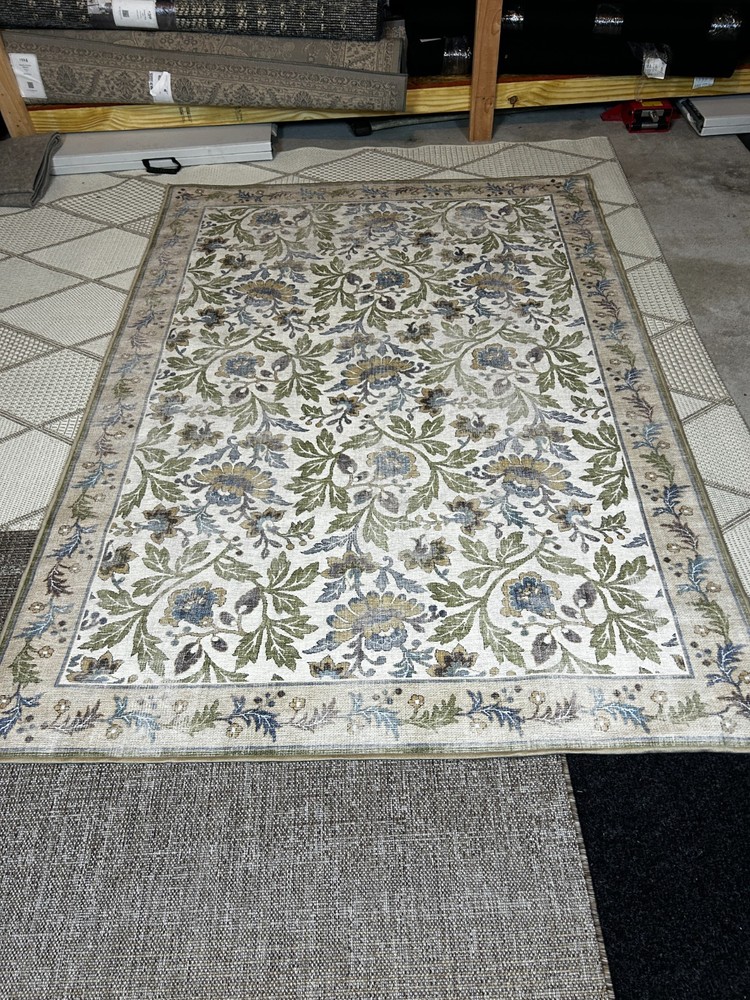 Ruggable 5x7 Washable Area Rug Beige Green Floral Cover + Non-Slip Pad