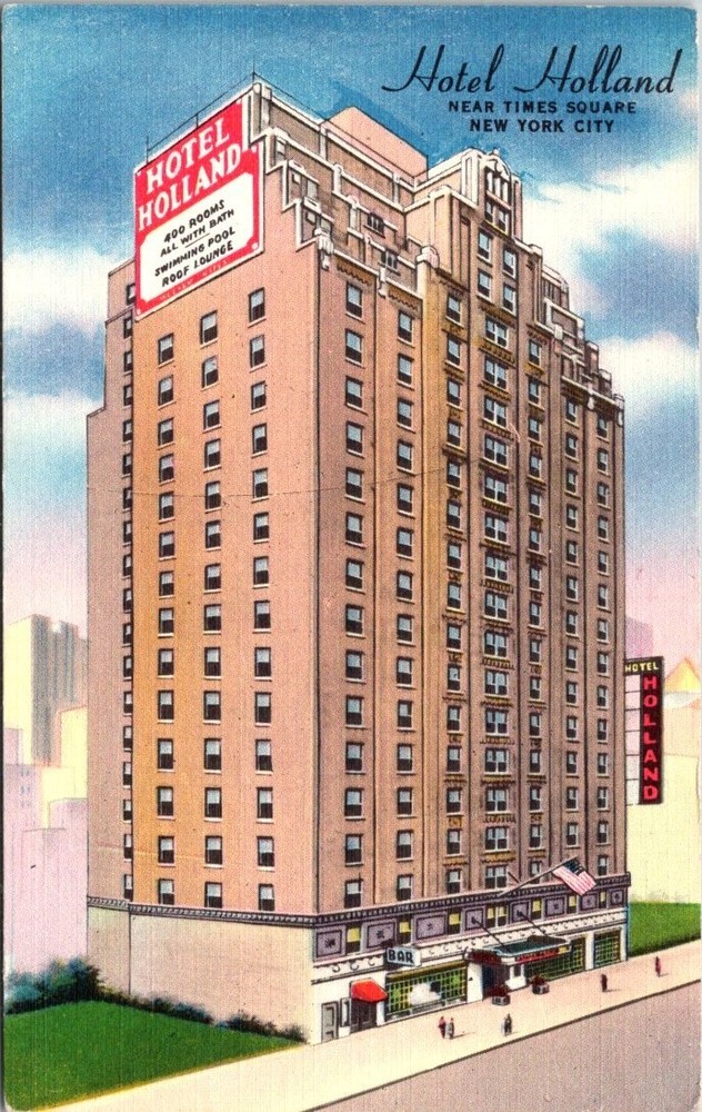 c1940 Elevation Street View of Hotel Holland New York City Vintage Postcard