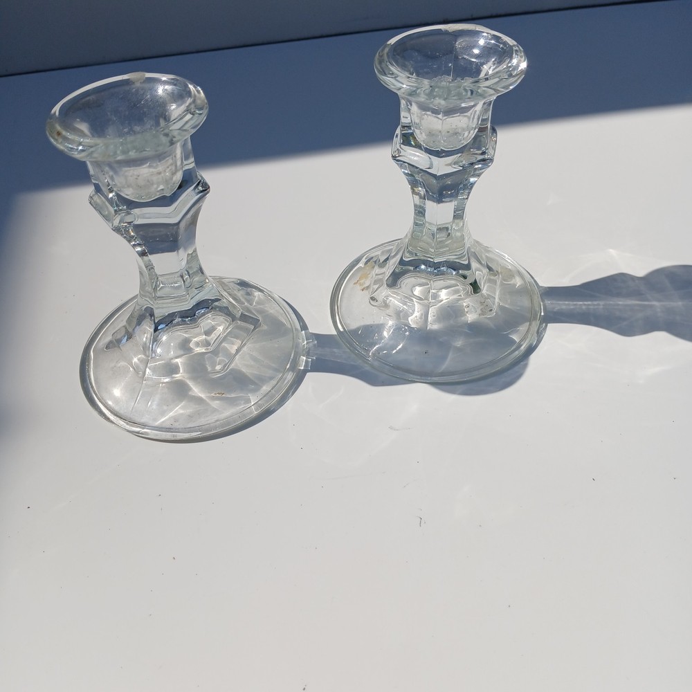 Vintage Candle Holders Set of 2 Clear Glass 4 Inch Tall