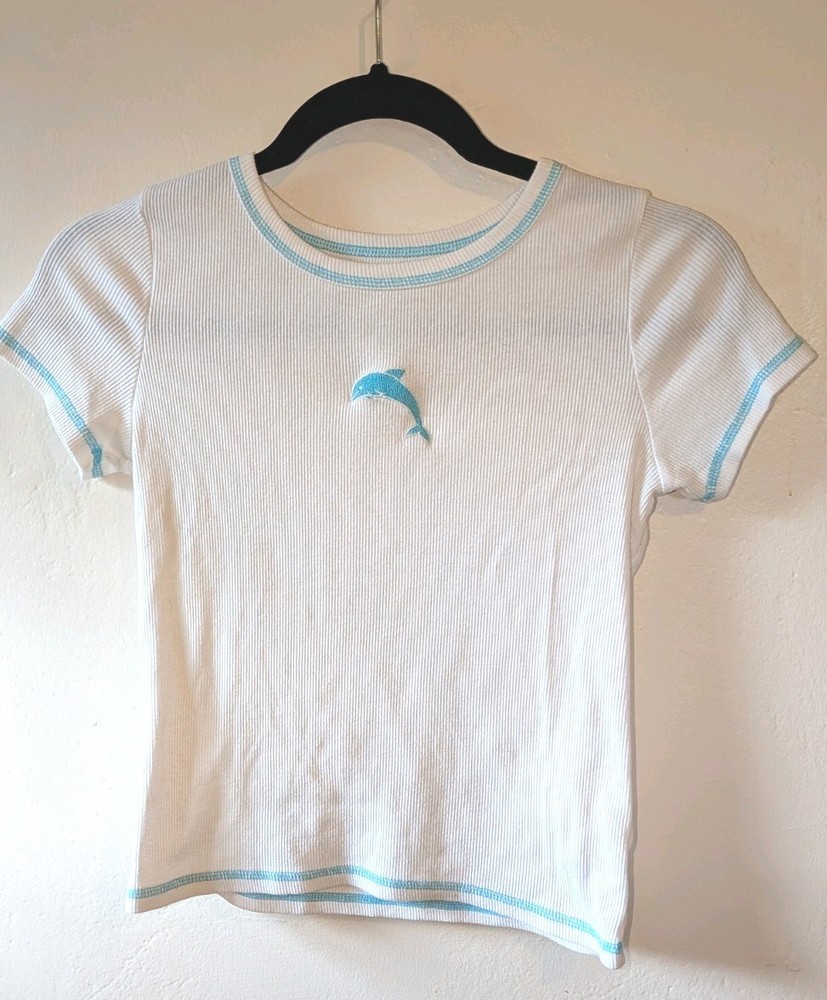 Art Class Girls Ribbed Short Sleeve Top White With Teal Detailing, Size XL (14)