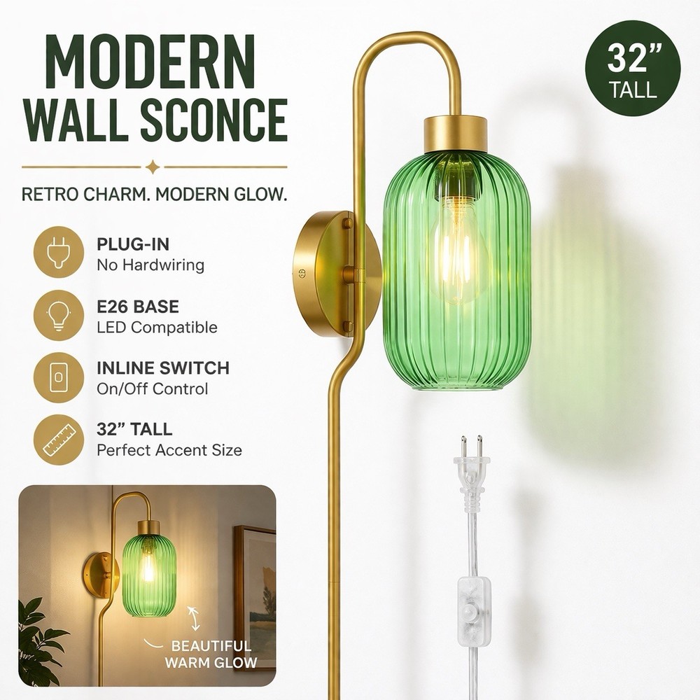 Modern Gold Wall Sconce Green Glass Globe Plug In Light Fixture 32”