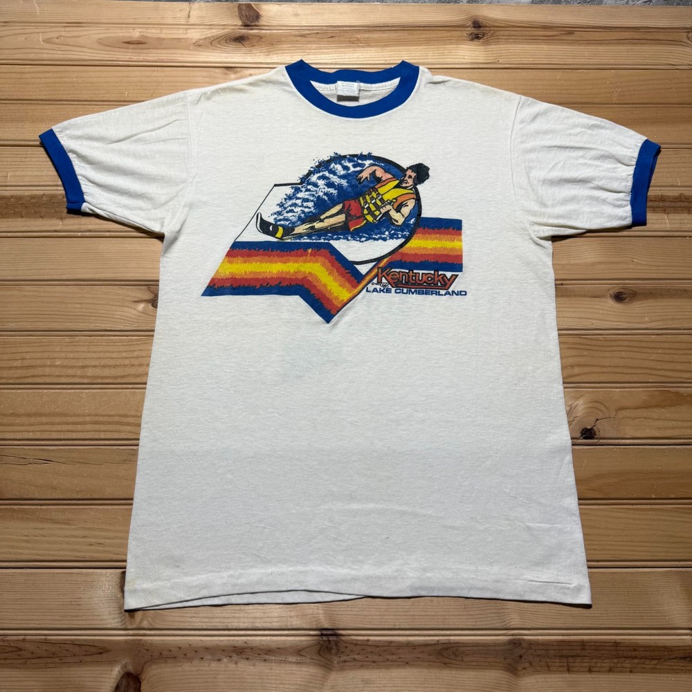 Vintage 1983 Kentucky Lake Cumberland Water Skiing Ringer T-Shirt USA - Large