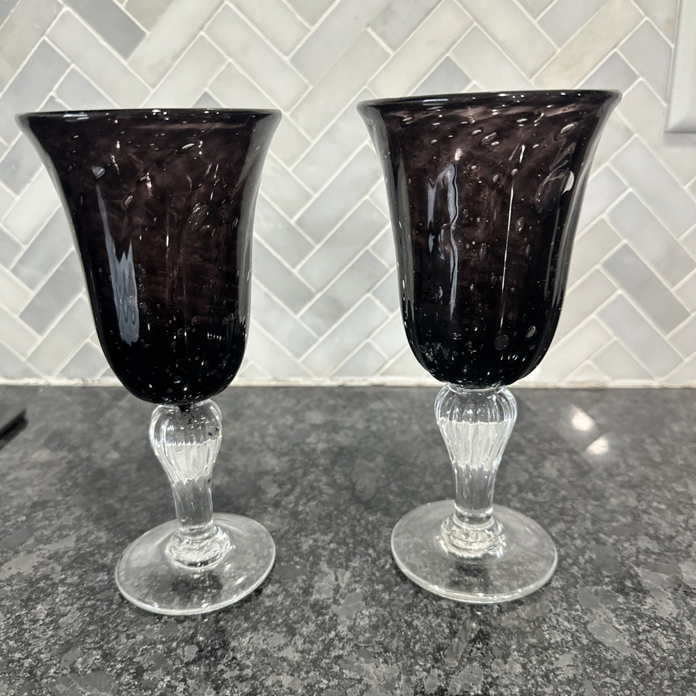 Vintage French Saba Amethyst Purple Blown Glass Goblets Water Or Wine Set Of 2