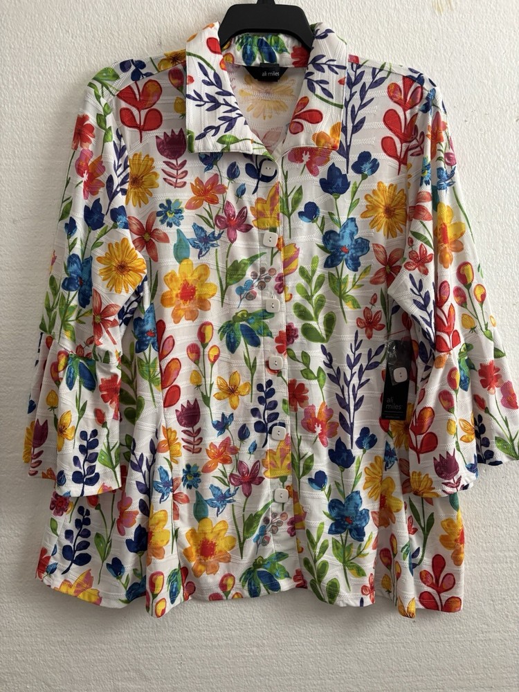 Ali Miles PLUS Knit Floral Point Collar 3/4 Bell Sleeve Button-Front Tunic Sz 3X