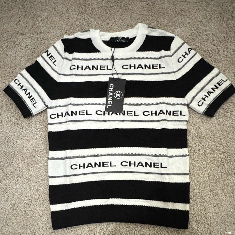CHANEL Black White Striped Viscose Knit Logo Short Sleeve Women's Blouse S