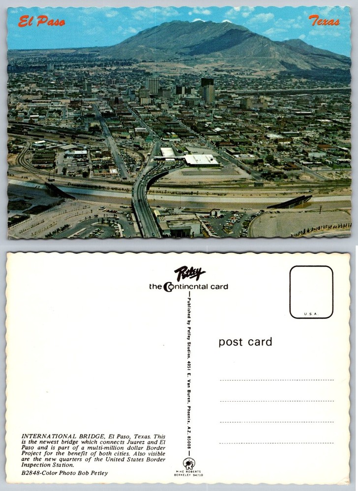 El Paso Texas Aerial View International Bridge Juarez Border Petley Postcard
