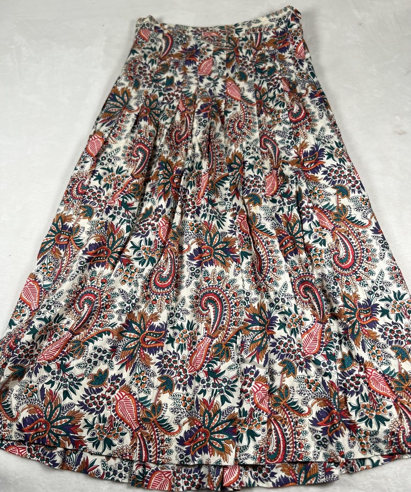Vintage Jos A Bank Skirt Womens 12 White Paisley Floral Pleated Midi Rayon 80s