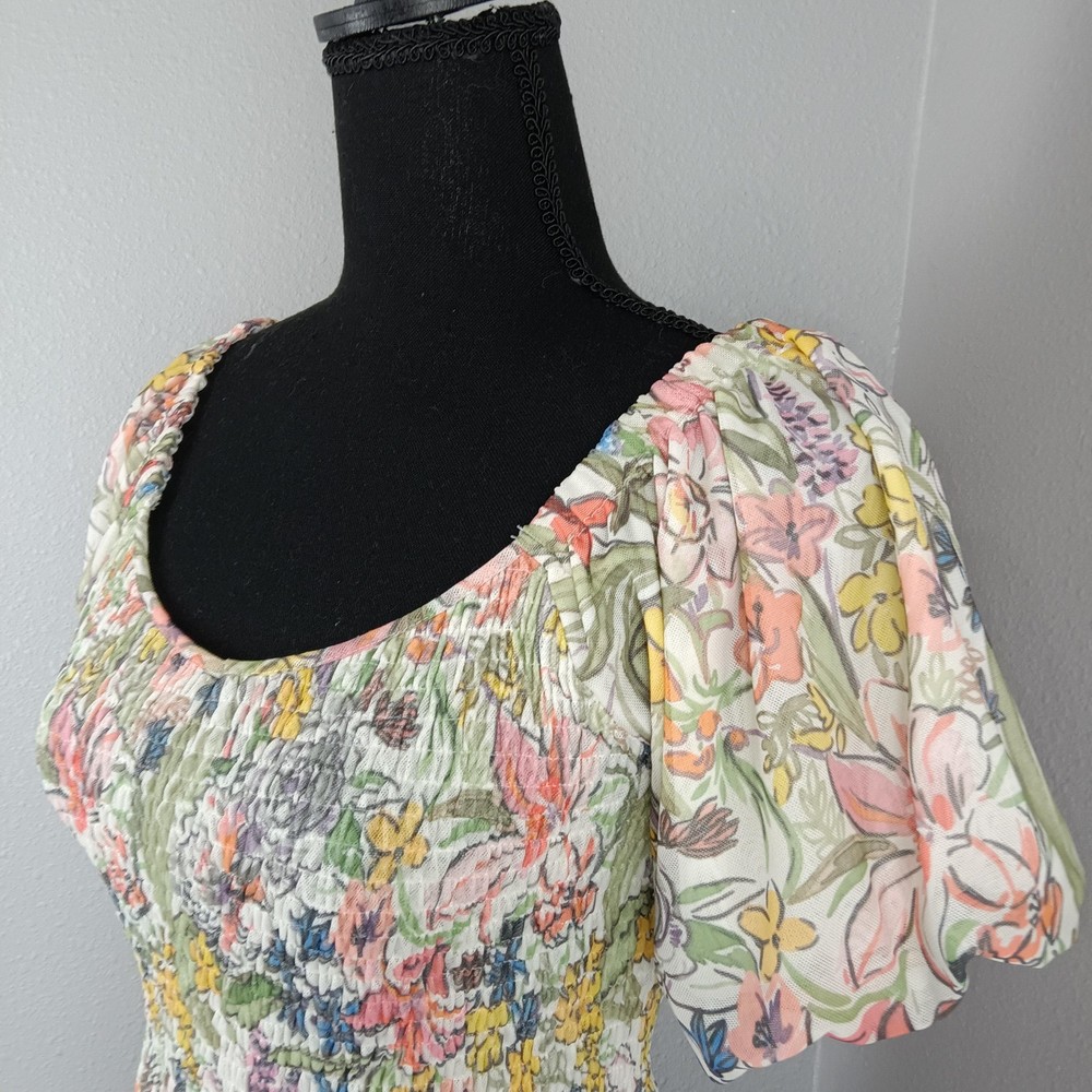 Anthropologie Top Womens XS Multicolor Smocked Mesh Floral Puff Sleeve Blouse