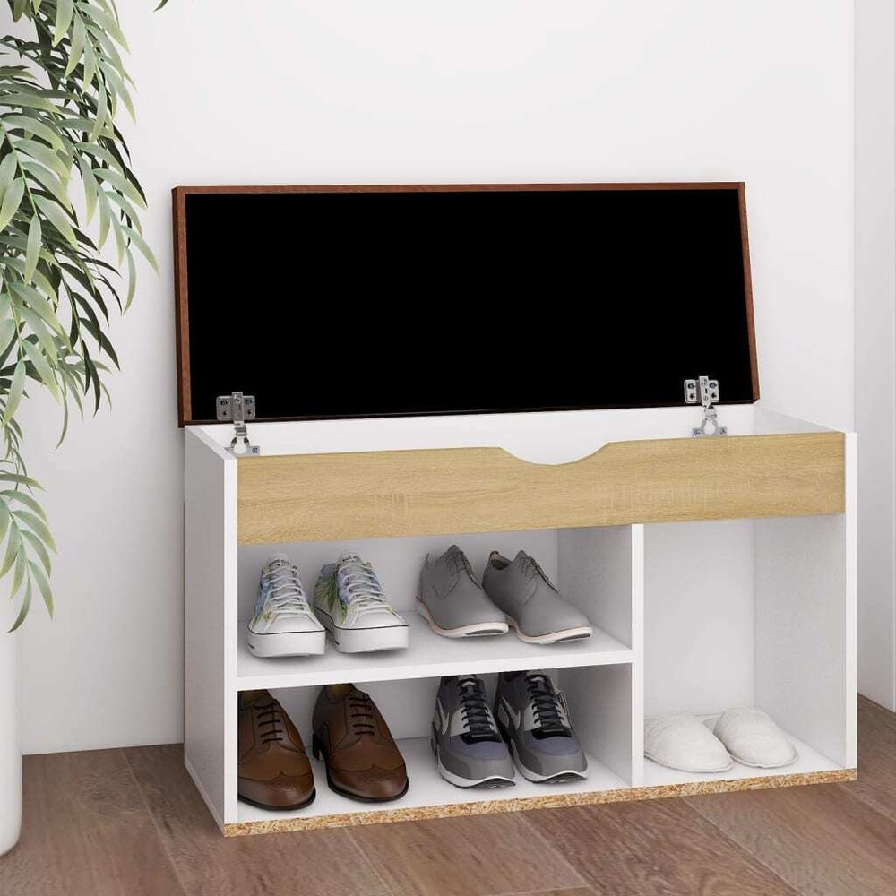 NNEVL White & Sonoma Oak Shoe Bench with Cushion 80x30x47cm Chipboard Storage