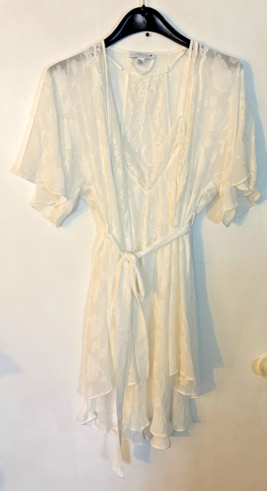 In Bloom by Jonquil Bridal Lace Slip & Robe Set White L Sheer Romantic Wedding