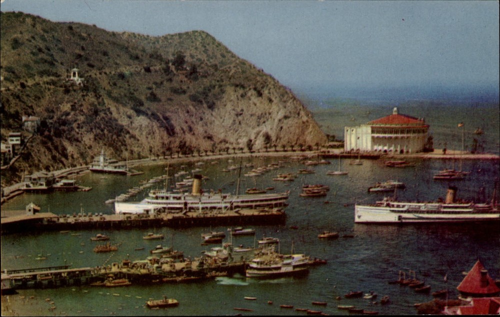 Santa Catalina California Avalon Bay steamer boats aerial view ~ postcard sku105