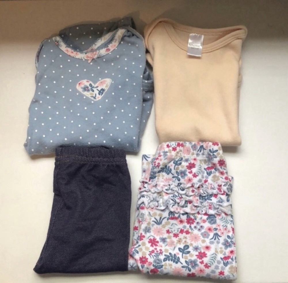 4 Piece Bundle Outfits Set Lot Of Baby Girls Shirts Tops & Pants Size 3-6 Months