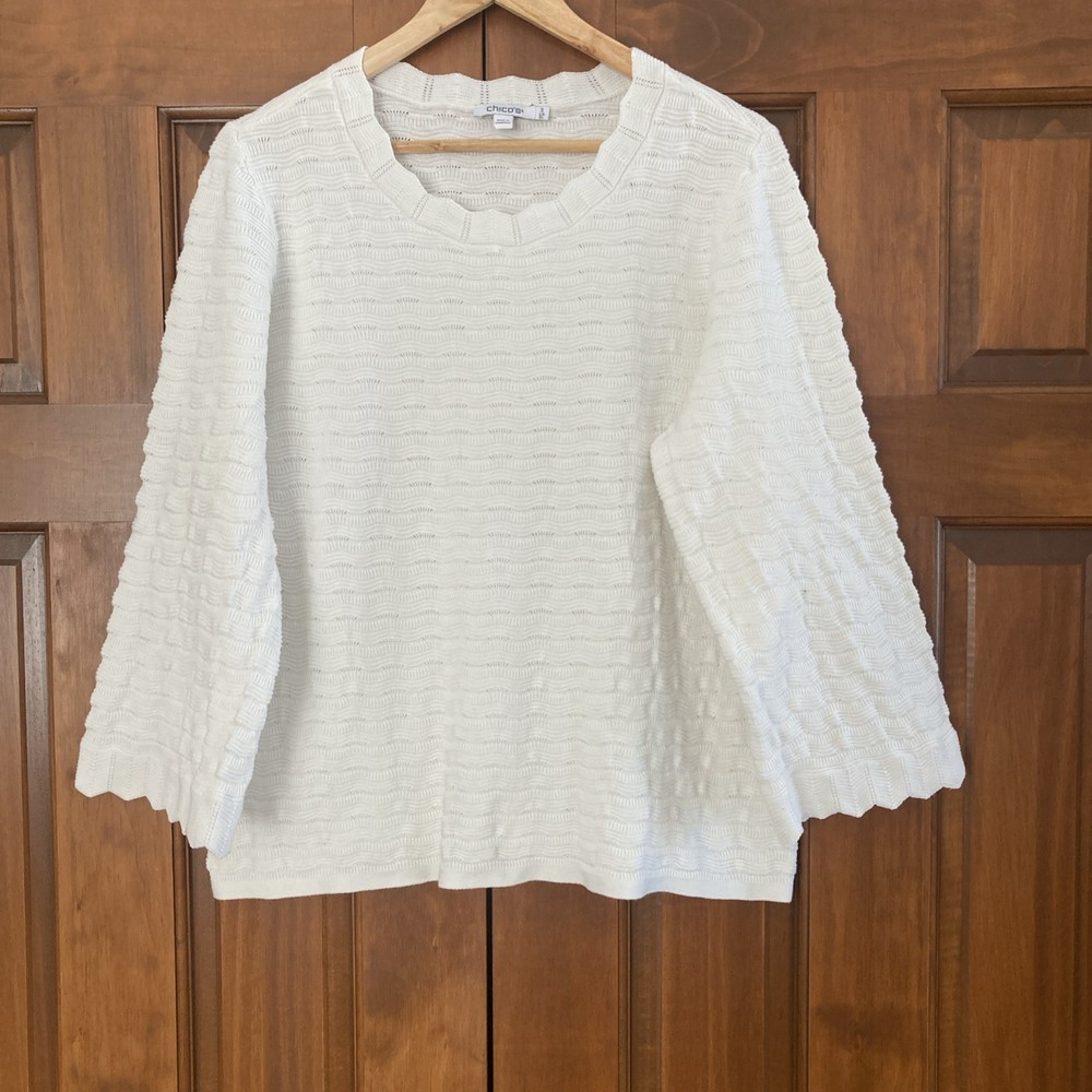 Chico’s White Pointelle Knit Women’s Sz 3 XL Cashmere Blend Sweater Top