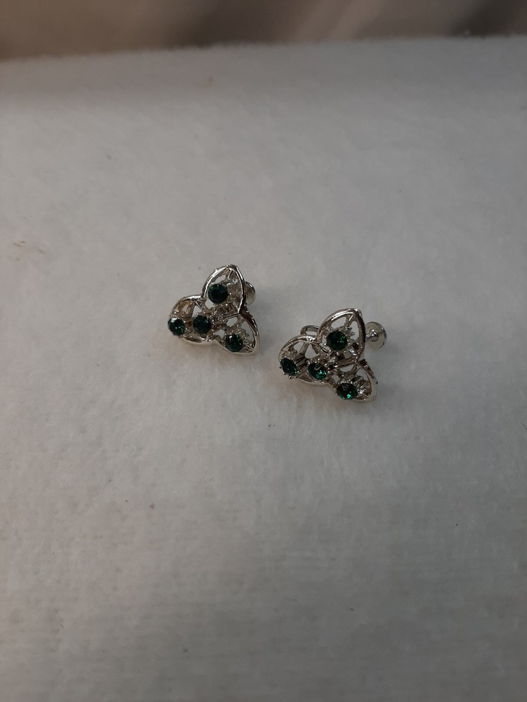 Silver Tone Vintage Green Rhinestone Clip On Cluster Earrings