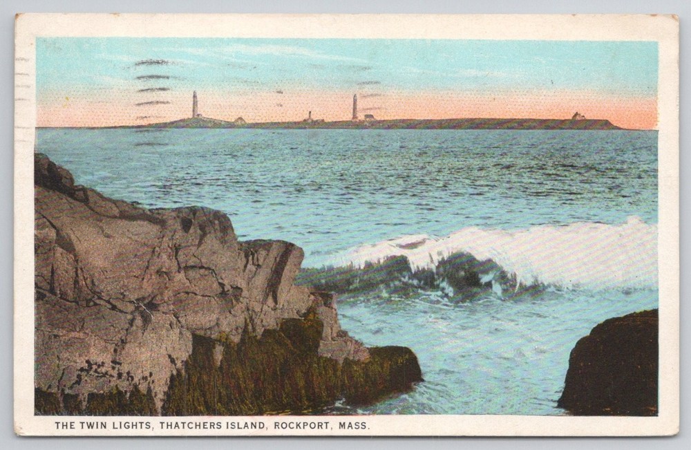 1924 Thachers Island Twin Lights Rockport MA Postcard Edwin McIntire