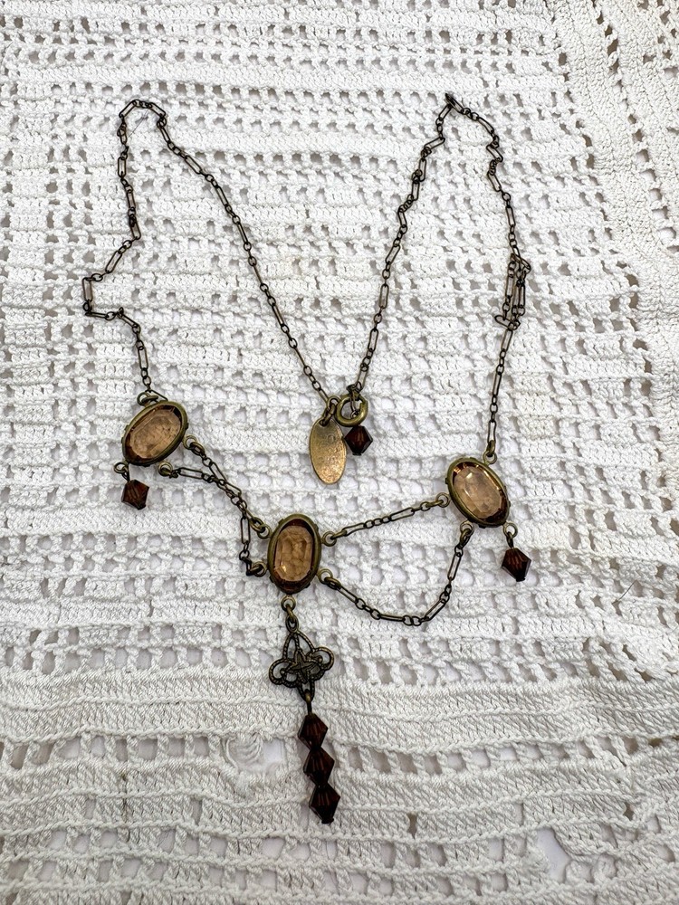 Vintage Liz Palacios SF Topaz Glass Brass Paper clip Necklace 18”