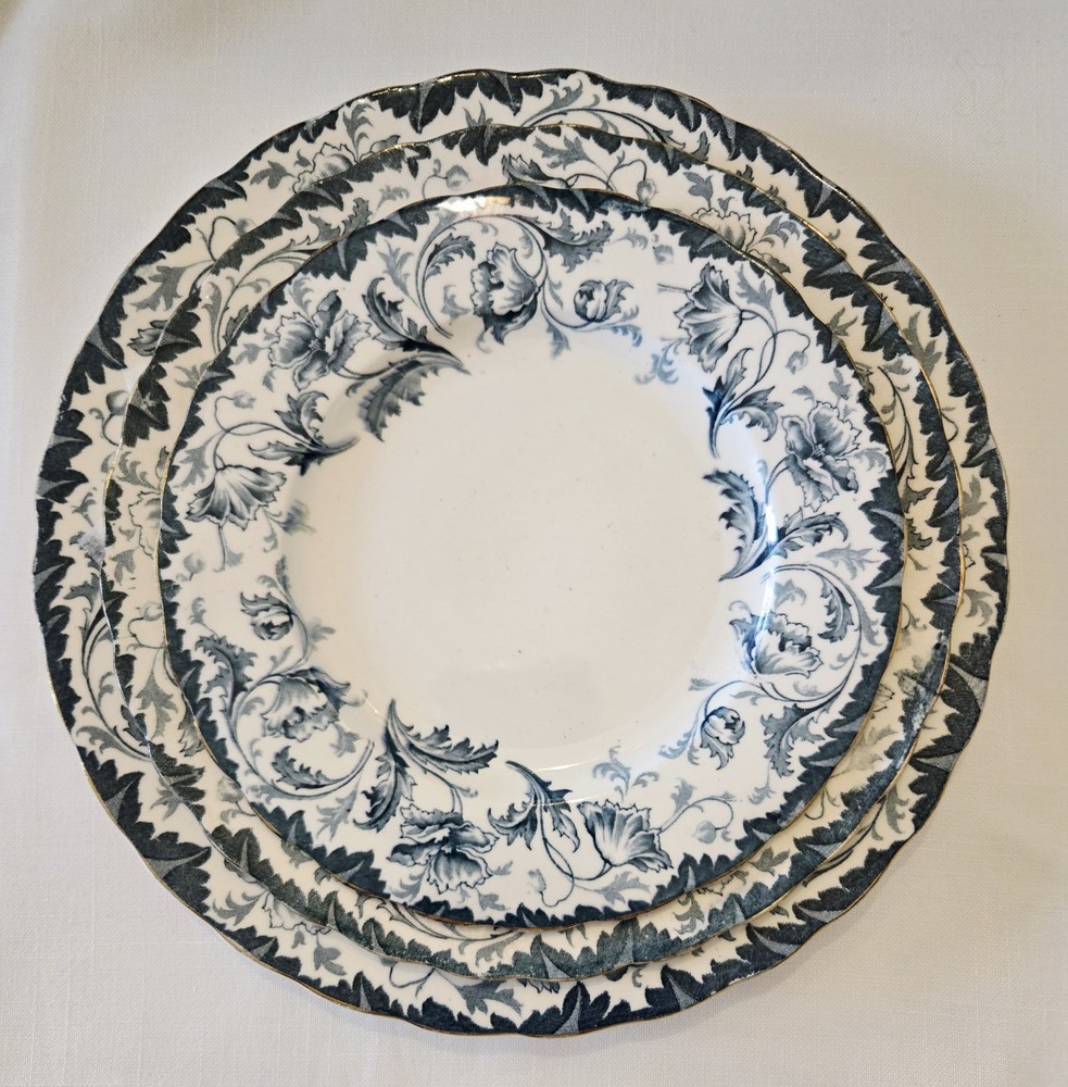 Antique Ophir Flow Blue 3pc Place Setting W Hulme Burslem England Plates Gold