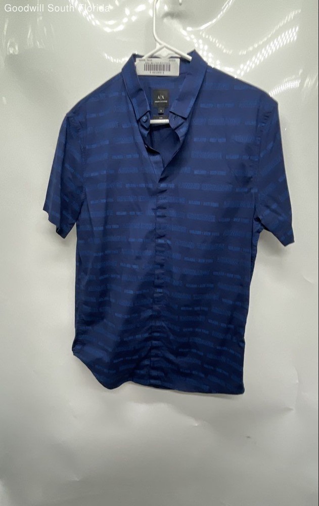 Armani Exchange Mens Blue Striped Short Sleeve Slim Fit Button-Up Shirt Size M