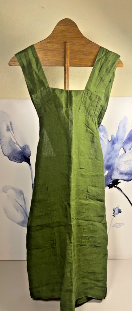 KAF Home Firenze Stone Washed Linen Smock Cross Back Apron Olive Green NWOT