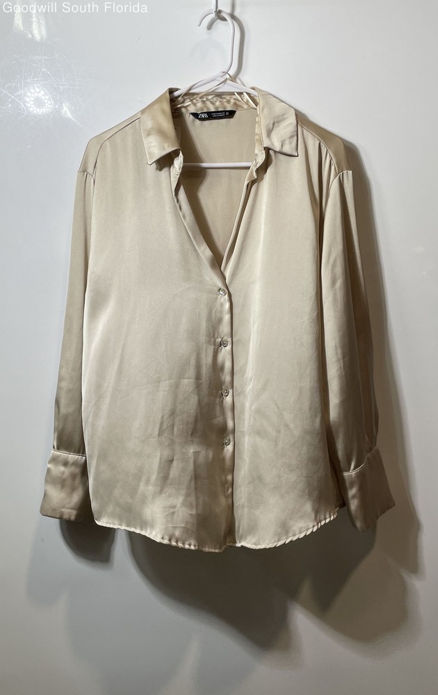 Zara Womens Beige Satin Long Sleeve Collared Button-Up Shirt Size Medium