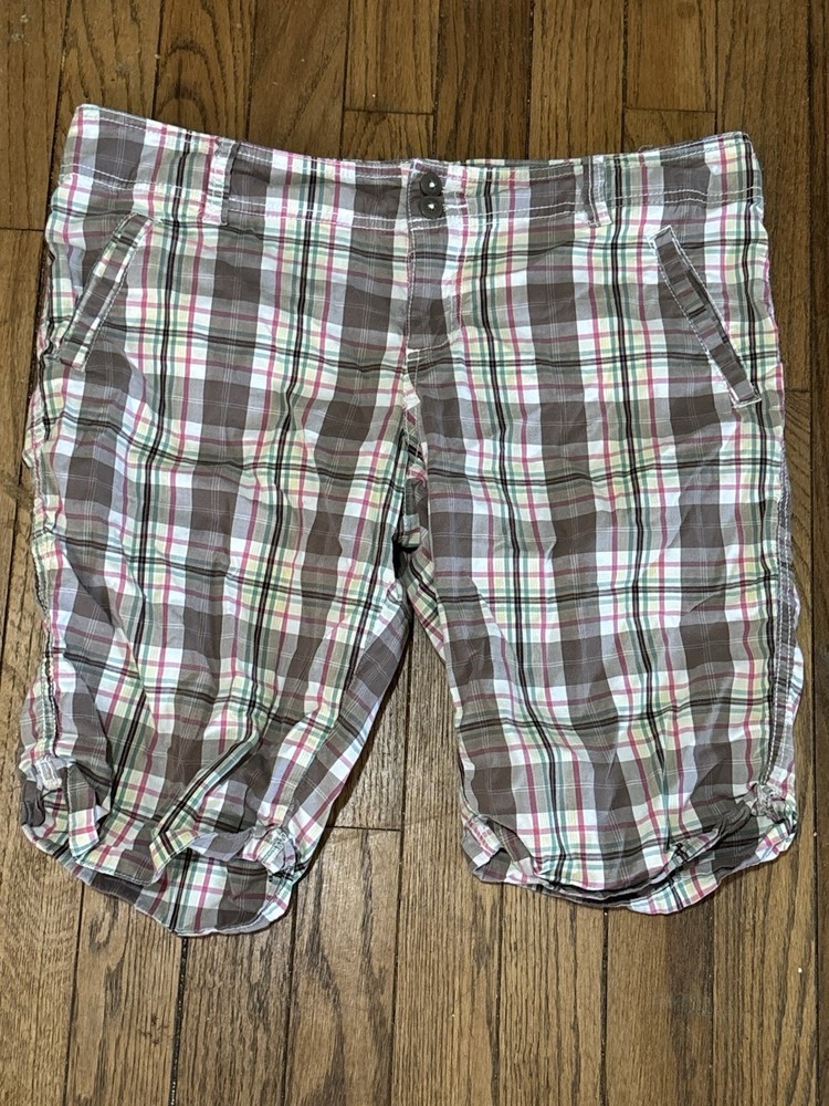 Mossimo Supply Co. Bermuda Plaid Shorts Brown Pink Green Juniors Size 11 Cotton