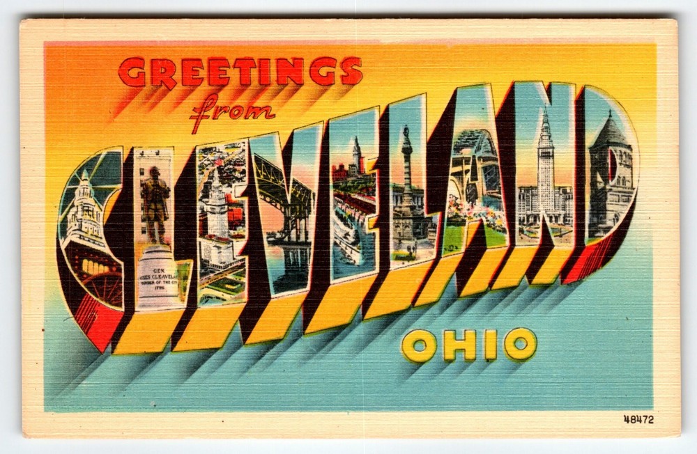 Greetings From Cleveland Ohio Vintage Large Big Letter Linen Postcard City State